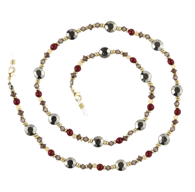 CLEO CHAIN?HOLDER NECKLACE /GLD/DK GRY, RED & BRNZ BEADS/LOBSTER CLAW CLASP CLEO