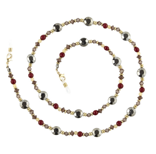 CLEO CHAIN?HOLDER NECKLACE /GLD/DK GRY, RED & BRNZ BEADS/LOBSTER CLAW CLASP CLEO