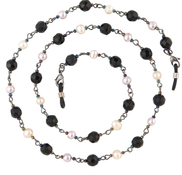 ORCHID EYEGLASS CHAIN BLACK BEADS PURPLE WHITE PEARLS