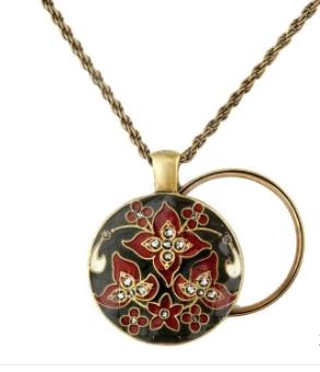 MAGNIFIER NECKLACE/ BURG ENAMEL/ BRNZ CHAIN/ 5X MAGNFCTN CLM-WHIMSY